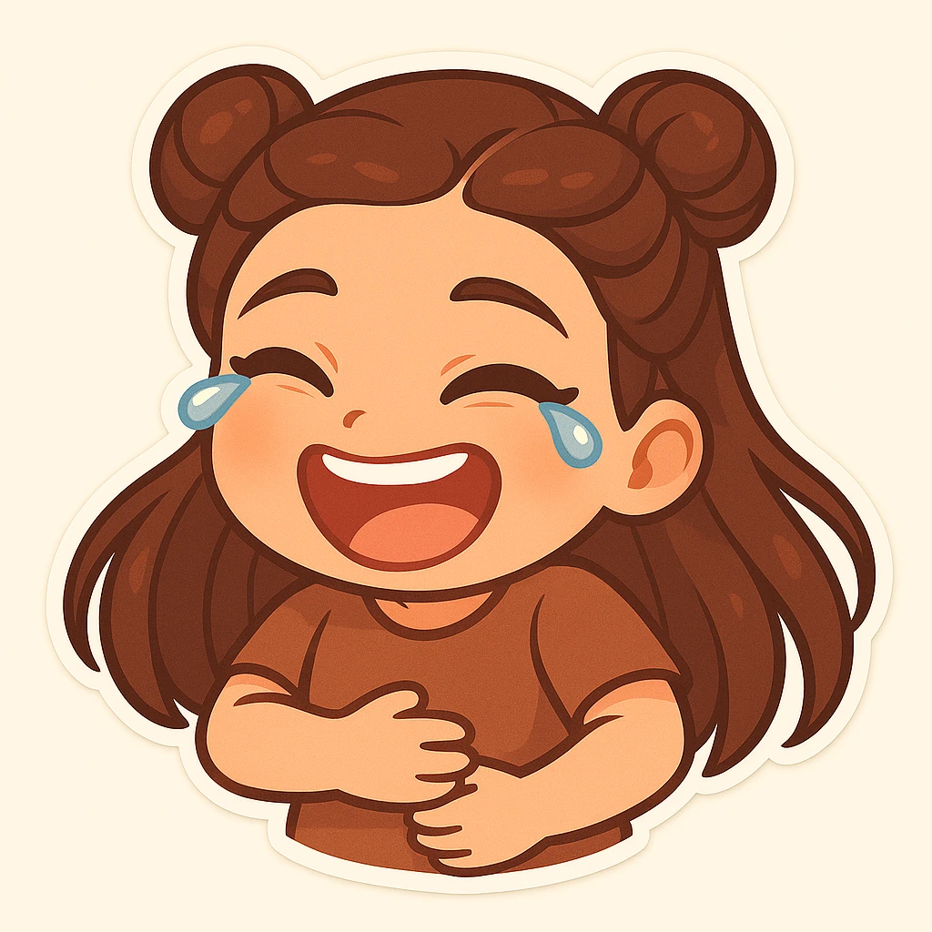 Create a chibi sticker of the girl laughing hard, holding her stomach with tears of laughter, joyful and lively, featuring the double bun hairstyle as shown in the reference image. emoji