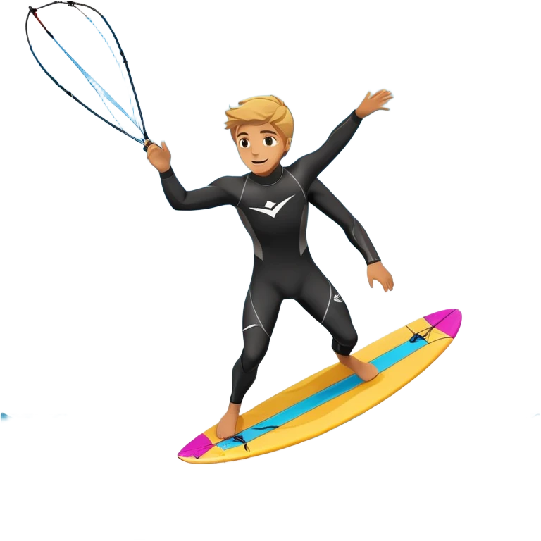 An athlete in a wetsuit riding a kiteboard, soaring over the sea waves with the kite high in the sky. The background features a vibrant blue sky and crashing ocean waves, capturing the thrill and freedom of kitesurfing in dynamic motion. emoji