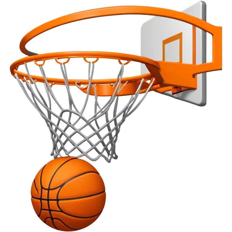 Orange Spalding basketball inside basketball net, viewed from below the hoop, minimalist design, iOS emoji style emoji