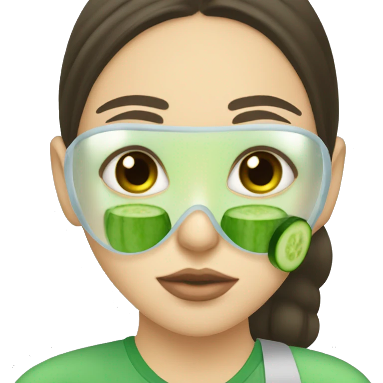 A brunette girl with a green face mask on with cucumber on eyes drinking boba emoji