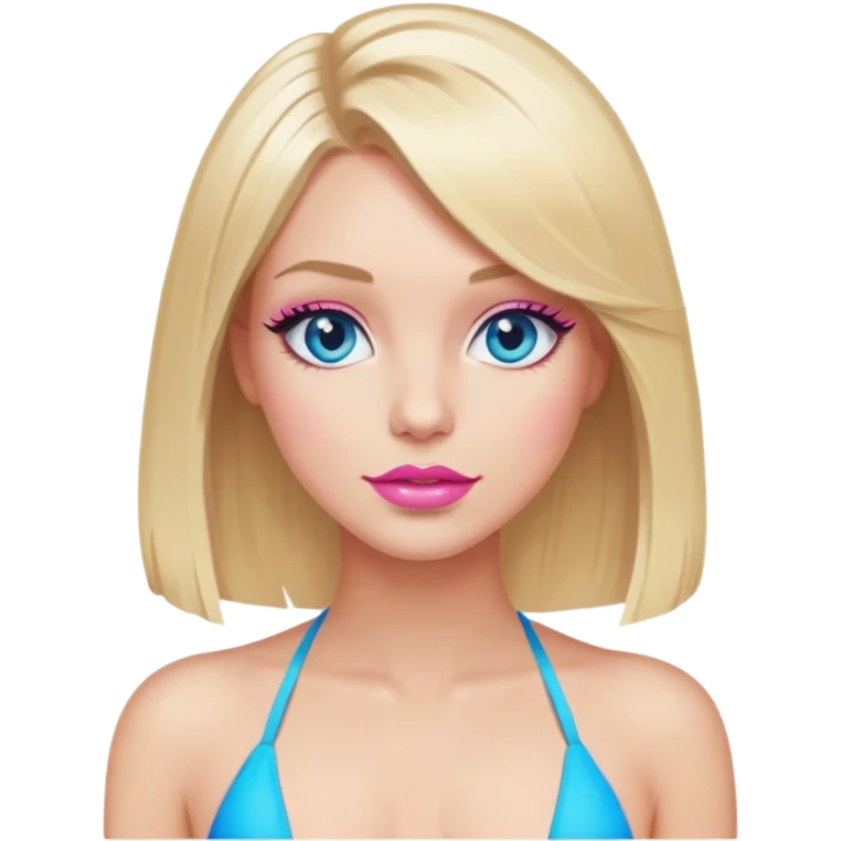 Blonde hair, blue eyes, pink lips, lashes, long bob haircut, wearing bikini emoji