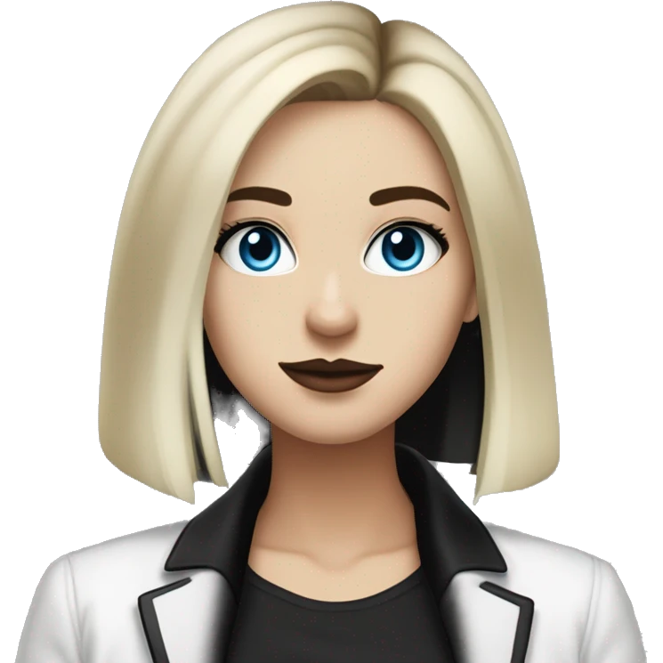 waist-length portrait, look up, Slavic adult woman, goth eyes makeup, blue eyes, medium bob black-to-blonde ombre straight hair, white T-shirt and black office jacket. emoji