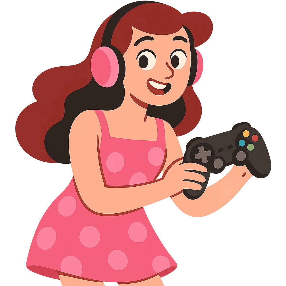 gamer girl in a chic dress holding a game controller emoji
