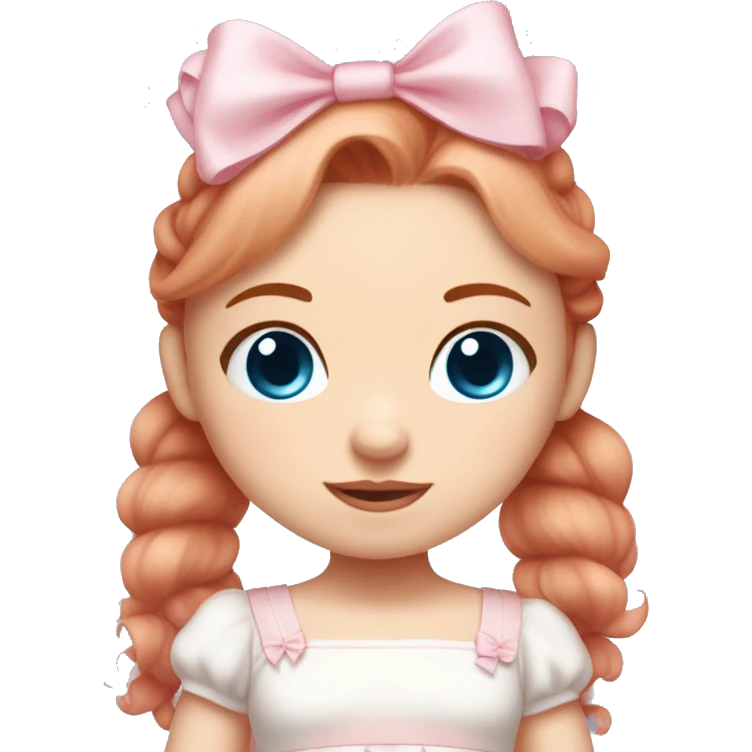 Little  babygirl with White skin, blue eyes. Light red hair in two ponytails, with light pink bows.  She is wearing a light pink and White dress, holding a teddybear with a pink bow. emoji