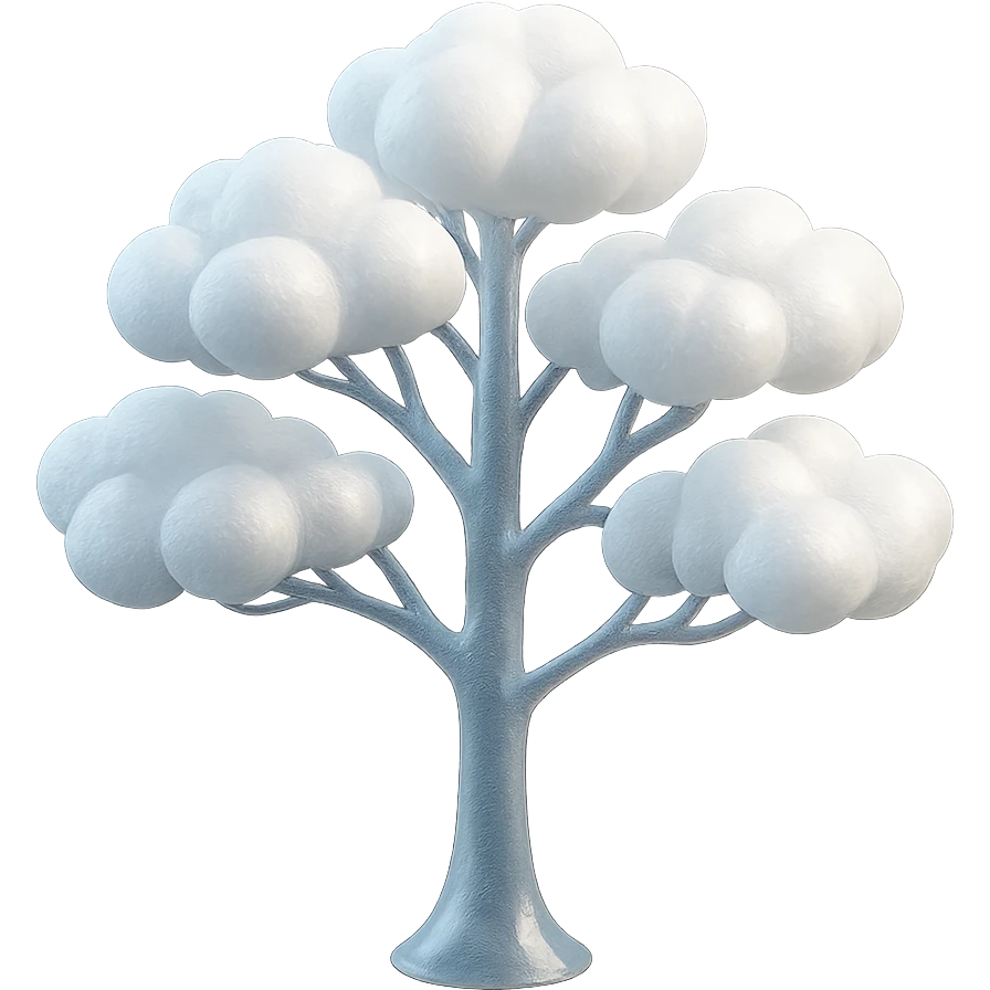 one tree with many branches and a white trunk, crown made of small very bright white fluffy convex clouds, matte glass style emoji
