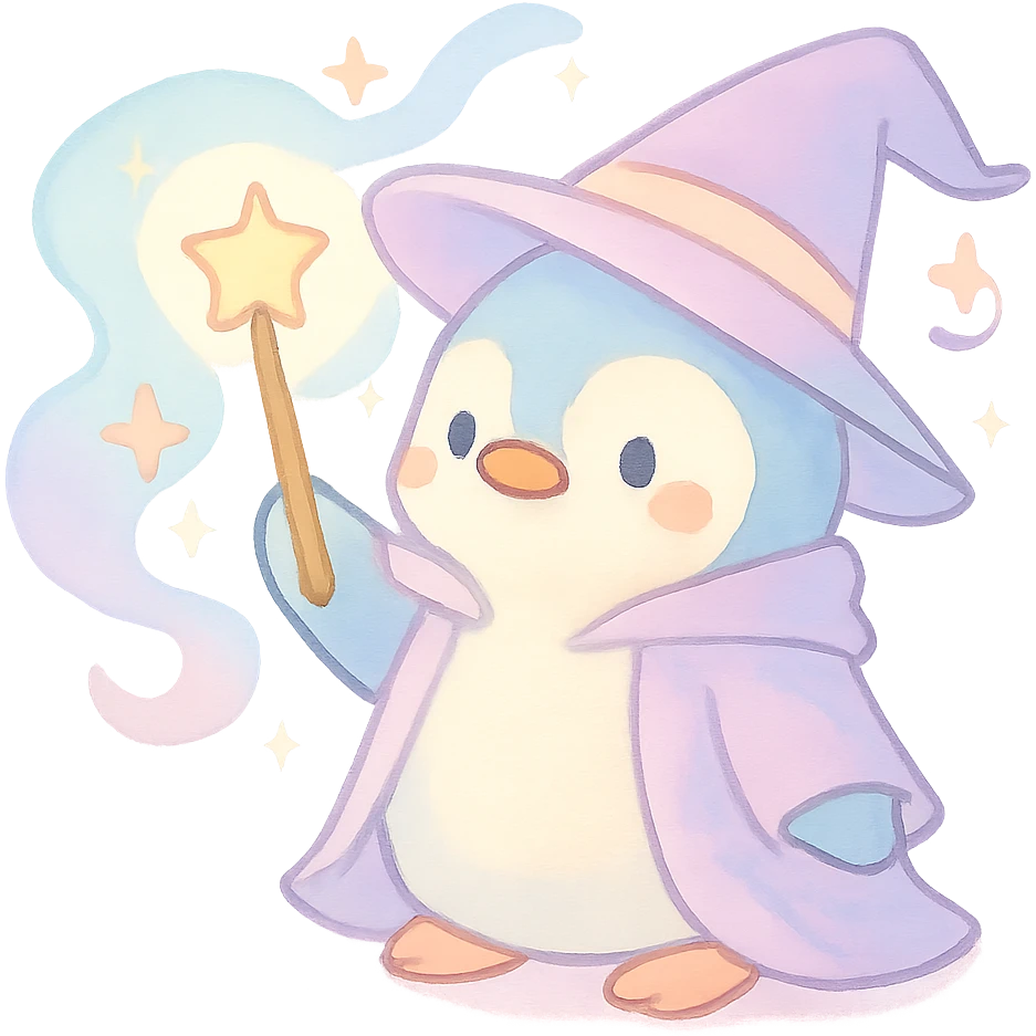 pastel toon style wizard penguin with a magical aura emoji
