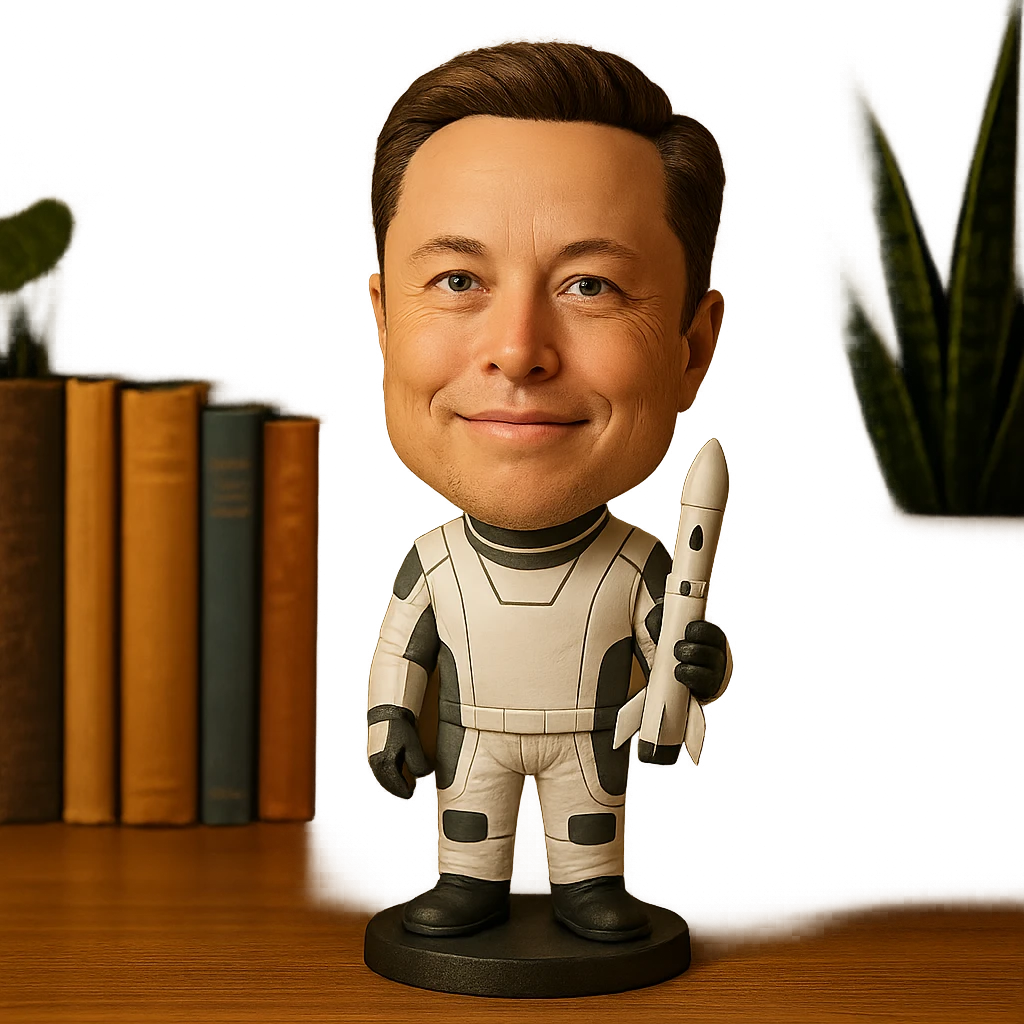 bobblehead of Elon Musk in a space suit holding a small rocket emoji