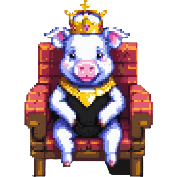simple ultra-low pixel count pixel art of a pig with a golden crown sitting on a throne, blocky and square like Minecraft emoji
