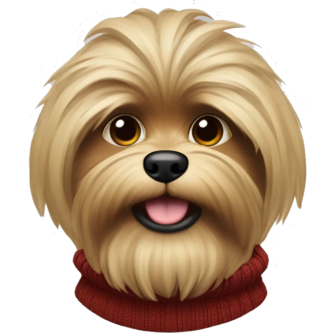 Create old shitzu blonde colored with brown nose and Chewbacca look. Red sweater turtleneck. Disheveled face  emoji