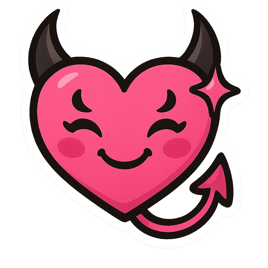 devil emoji, chibi style, hot pink and black colors, heart-shaped face, elegant horns, playful smile, modern aesthetic, star accessory emoji