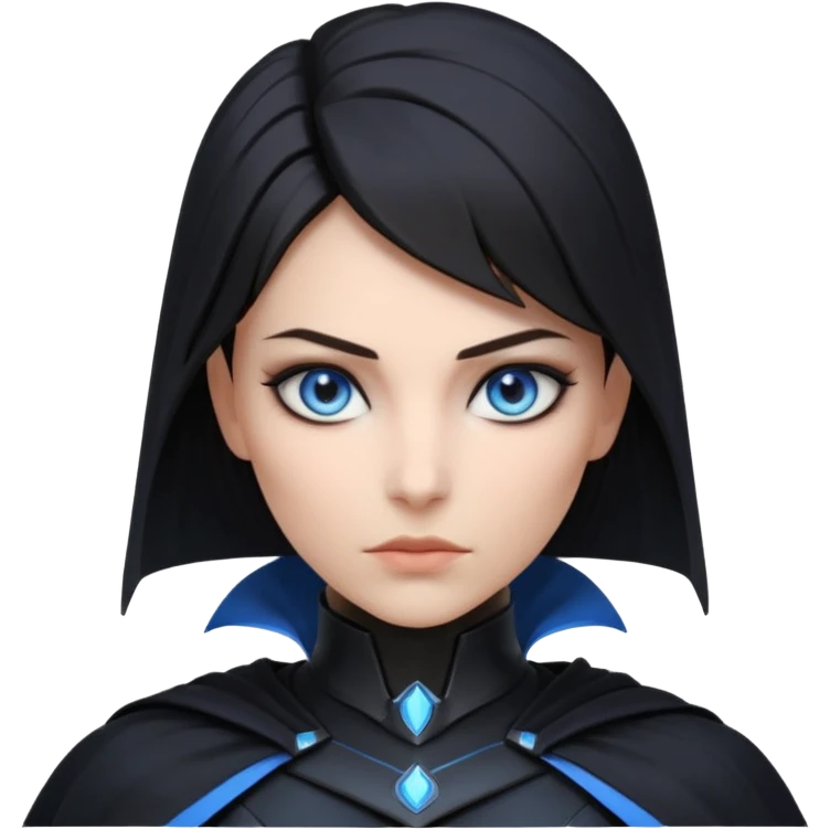 dark sci-fi villain female portrait, head and shoulders only, black armor, cape collar, intense eyes, sharp confident expression, subtle futuristic makeup, dramatic lighting, 3D cartoon, mobile game icon style, clean background, no text, no watermark
 emoji