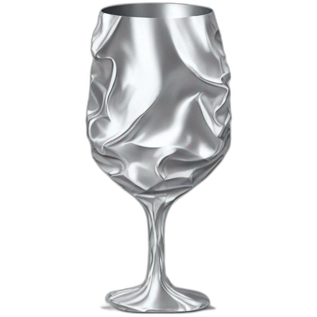 A reflective, very crinkled and wrinkled aluminum foil hides a wine glass shape, like a stemmed wine glass emoji