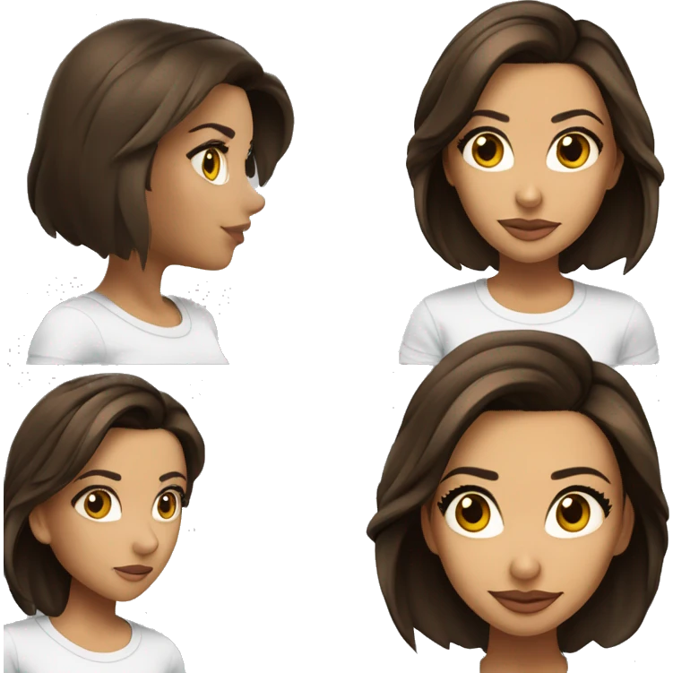 3/4 face, contrasted, shadow, light, Eva Longoria expression, standing from a distance, thin nose, brunette woman, hazel eyes, long eyelashes, dark shoulder shaded hair, white t-shirt, jeans, white sneakers emoji