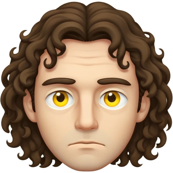 A man with sleppy eyes that are yellow with long to the neck curly brunnete hair who is a lil bit angry emoji