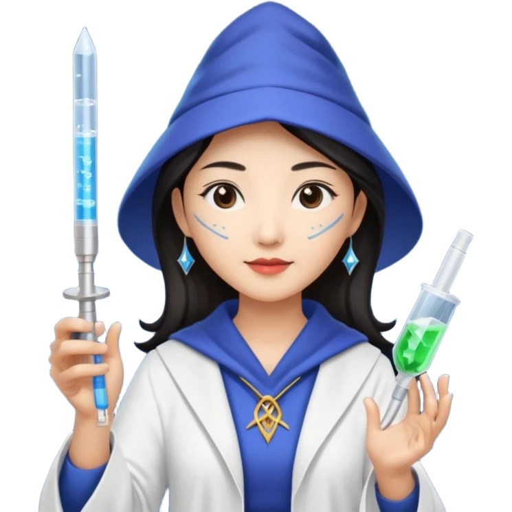 emoji of an asian woman wizard who wields a micropipette as a wand and a DNA helix spell coming from the pipette wand emoji