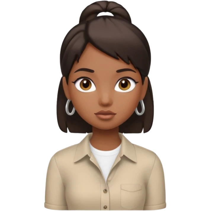 generate a pretty bratz girl with dark brown eyes. Dark brown hair straight short hair. tight beige button up shirt with top shirt open.  airpods in ear emoji