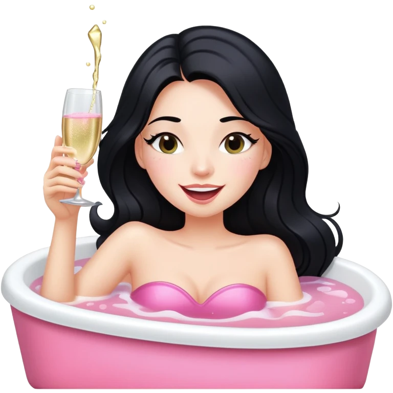 A bretty white girl with long black hair in a big Bathtub drinking pink champagne and shes winks emoji