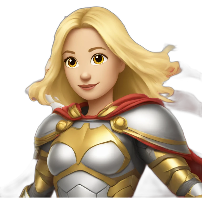 Super hero, girl, blonde, gold shoulder pad armor, American Flag for a cape, flying, horizontal emoji