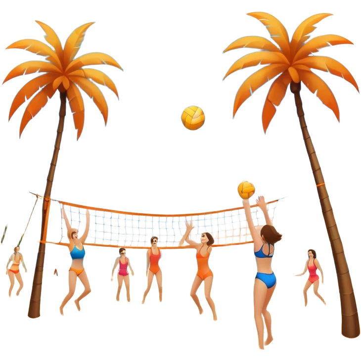 The scene captures a sunny beach atmosphere with clear blue sea and sky, palm trees swaying, and people in swimsuits enjoying the vibrant surroundings. A volleyball resting on the orange sand ground of a beach, with a volleyball net in the background.  emoji