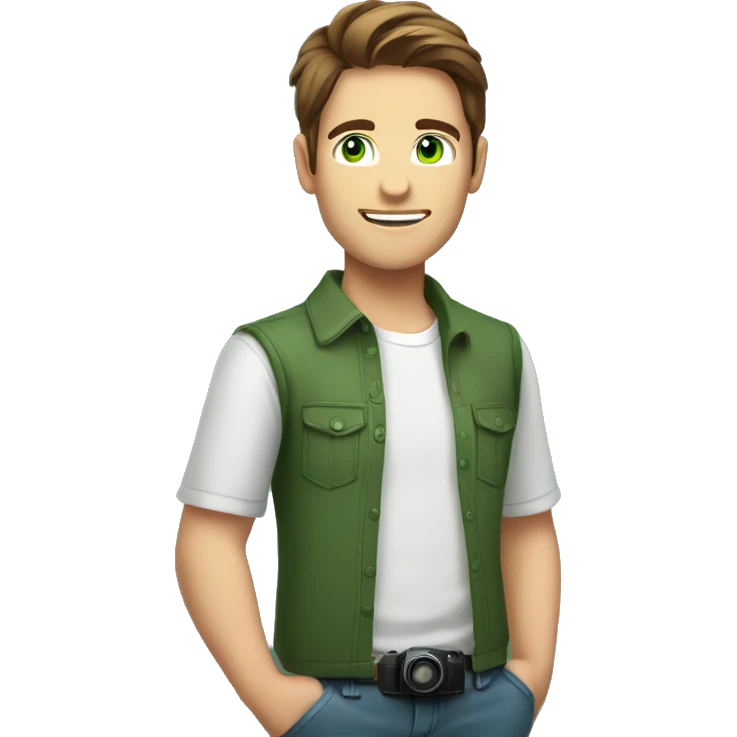 A young man with shoulder-length brown hair and green eyes holds a camera with a flash in his hands. Young man wearing a shirt emoji