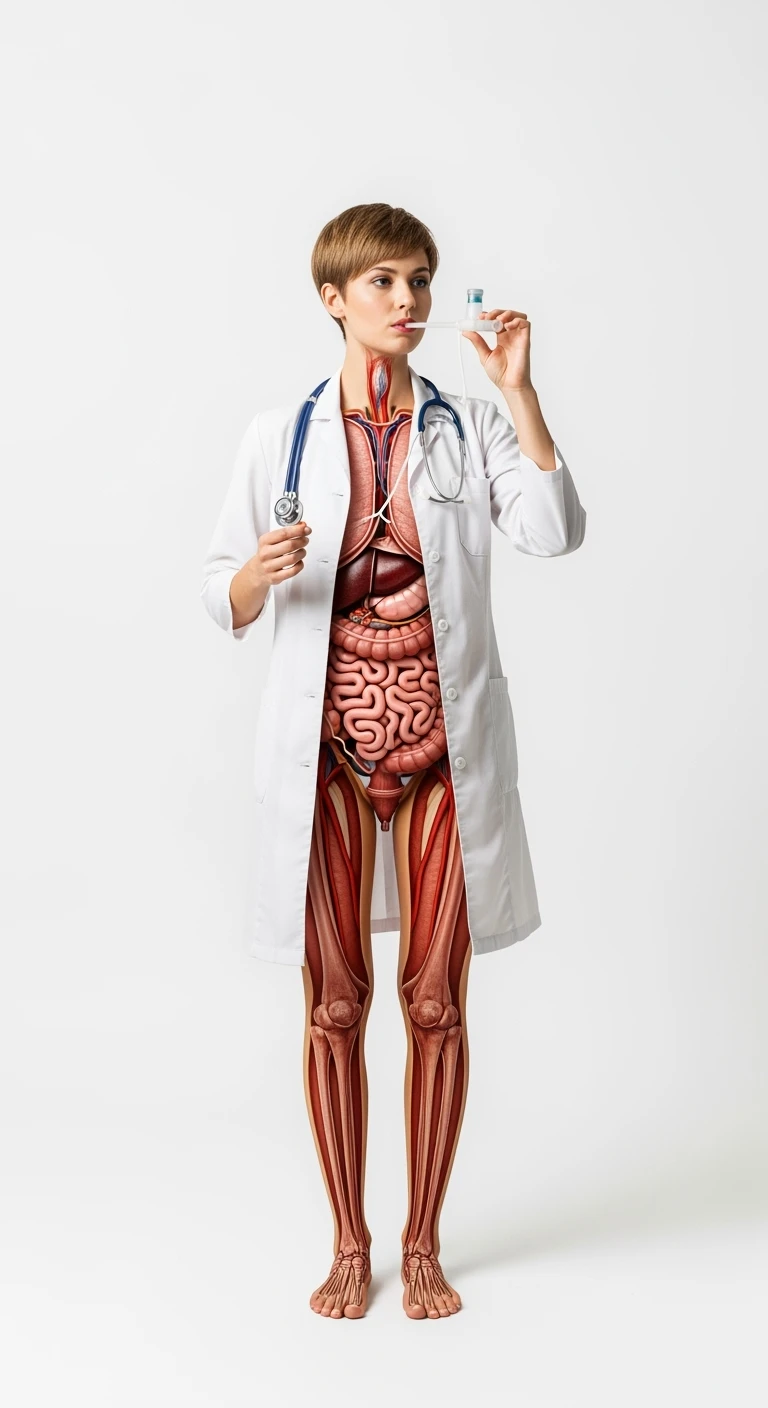donna a figura intera con intestino anatomico realistico in evidenza che fa il "Breath test", iperrealistica 4k, sfondo bianco emoji