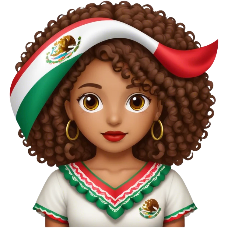 Chica morena con rizos y con una bandera de México  emoji