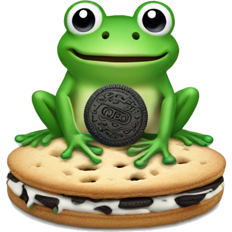 frog holding an oreo cookie and smiling. Only the frog's head and hand holding the oreo are visible.  emoji