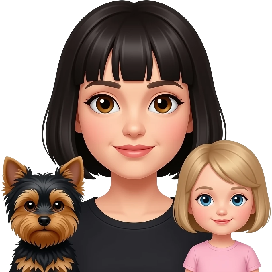 woman with bob haircut with little Yorkshire full black without any brown brown and long hair in the eye and little blond girl with pixie cut emoji