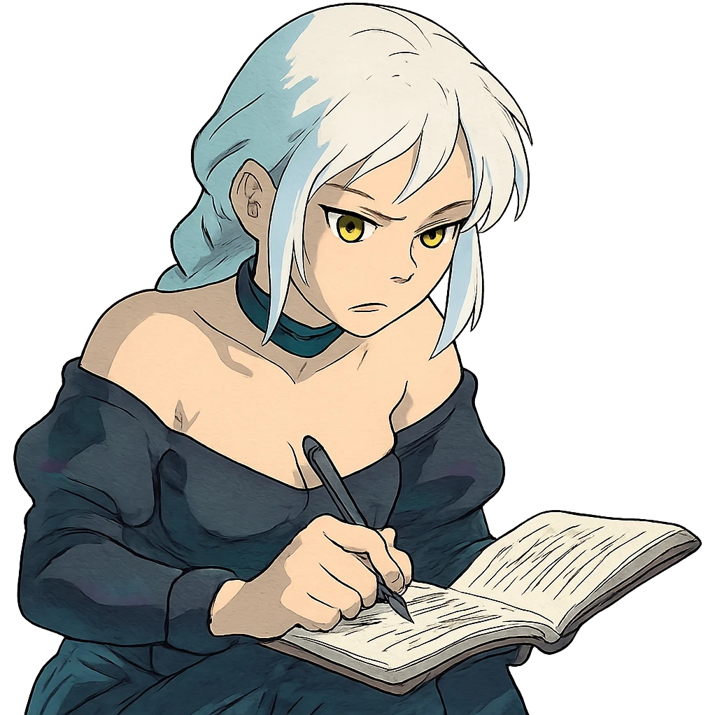  she is scribbling furiously in a notebook, a closeup portrait of young woman with gold yellow eyes, white hair, long braid, black off-shoulder top d-cup, punk gothic style, futuristic cyberwave cyberpunk, sitting position
 emoji