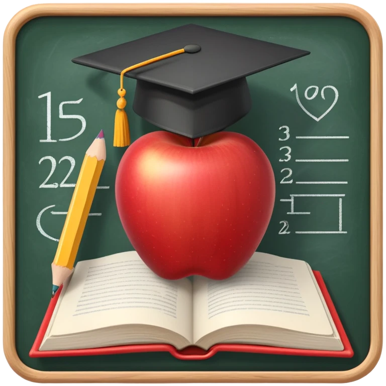 An icon featuring an open book, a pencil, and an apple, symbolizing education and pedagogy. The design includes a chalkboard with a lesson plan and a graduation cap, representing teaching and learning. Transparent background highlights the nurturing of knowledge and growth. emoji