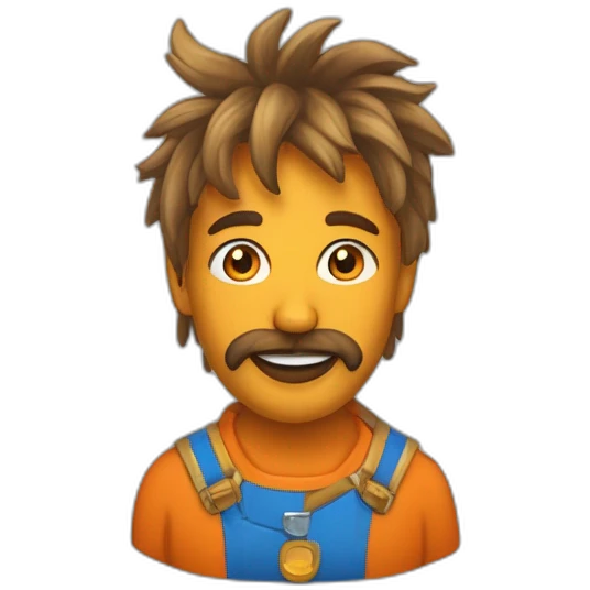Un mec bronzée, avec des cheveux bleu et orange moutard. Sur la joue des symboles doré. Des cornes de bélier orange moutard emoji
