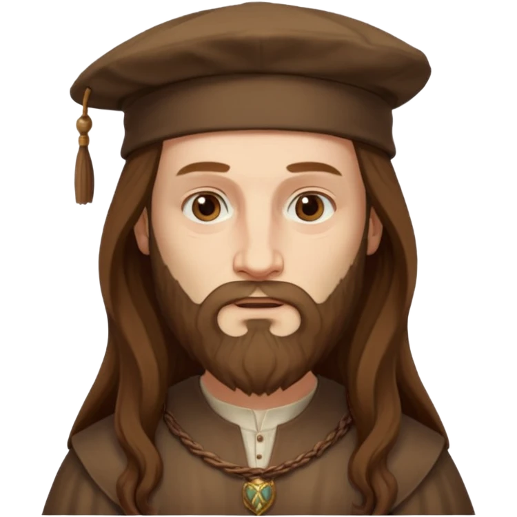 Leonardo da Vinci as an emoji, classic Renaissance look, long hair, beard, wearing a cap, neutral expression emoji