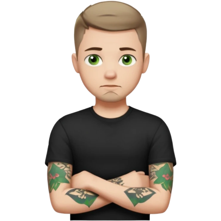 White young man with short dark taper fade hair cut and slight goatee and neutral expression with his arms folded. Green eyes and arm tattoos emoji