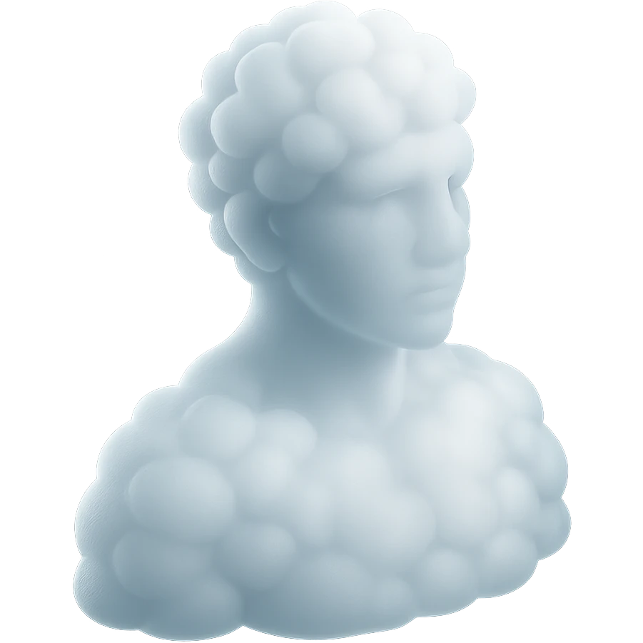 person looking straight, fully made of white fluffy convex clouds, shoulders up, no shadows, matte glass style emoji