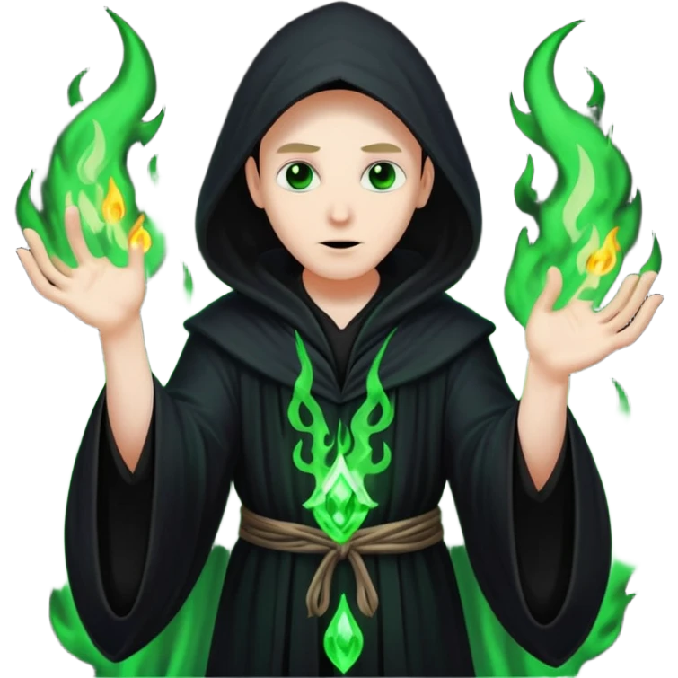 A dark sorcerer in flowing black robes, conjuring eerie green flames emoji
