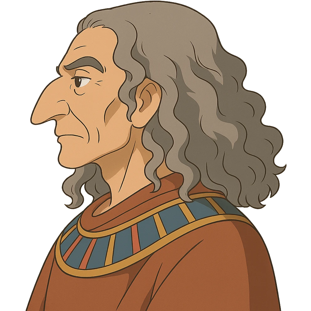 ghibli style profile portrait of an Egyptian historian with long curly grey hair, wearing an Egyptian cloak, large aquiline nose emoji