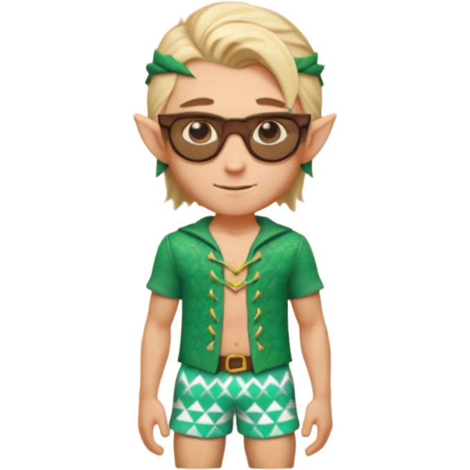elf male legolas portrait, patterned board shorts (geometric/abstract), unique wooden-framed sunglasses, undercut hairstyle, slight smirk, visible pointy ears, no background, centered emoji, hipster summer vibe emoji