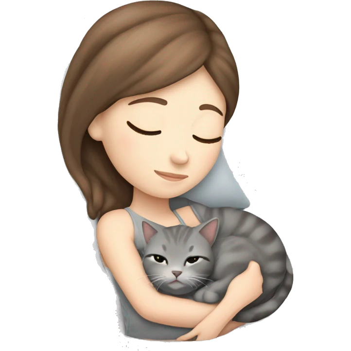 White girl brown hair sleeping with light grey kitty emoji