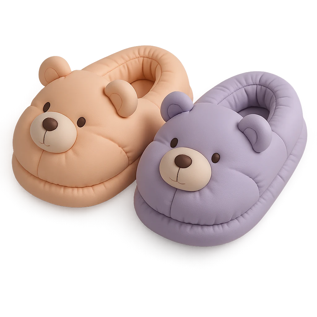 pair of cozy animal-shaped bedroom slippers in pastel colors, cushion style emoji