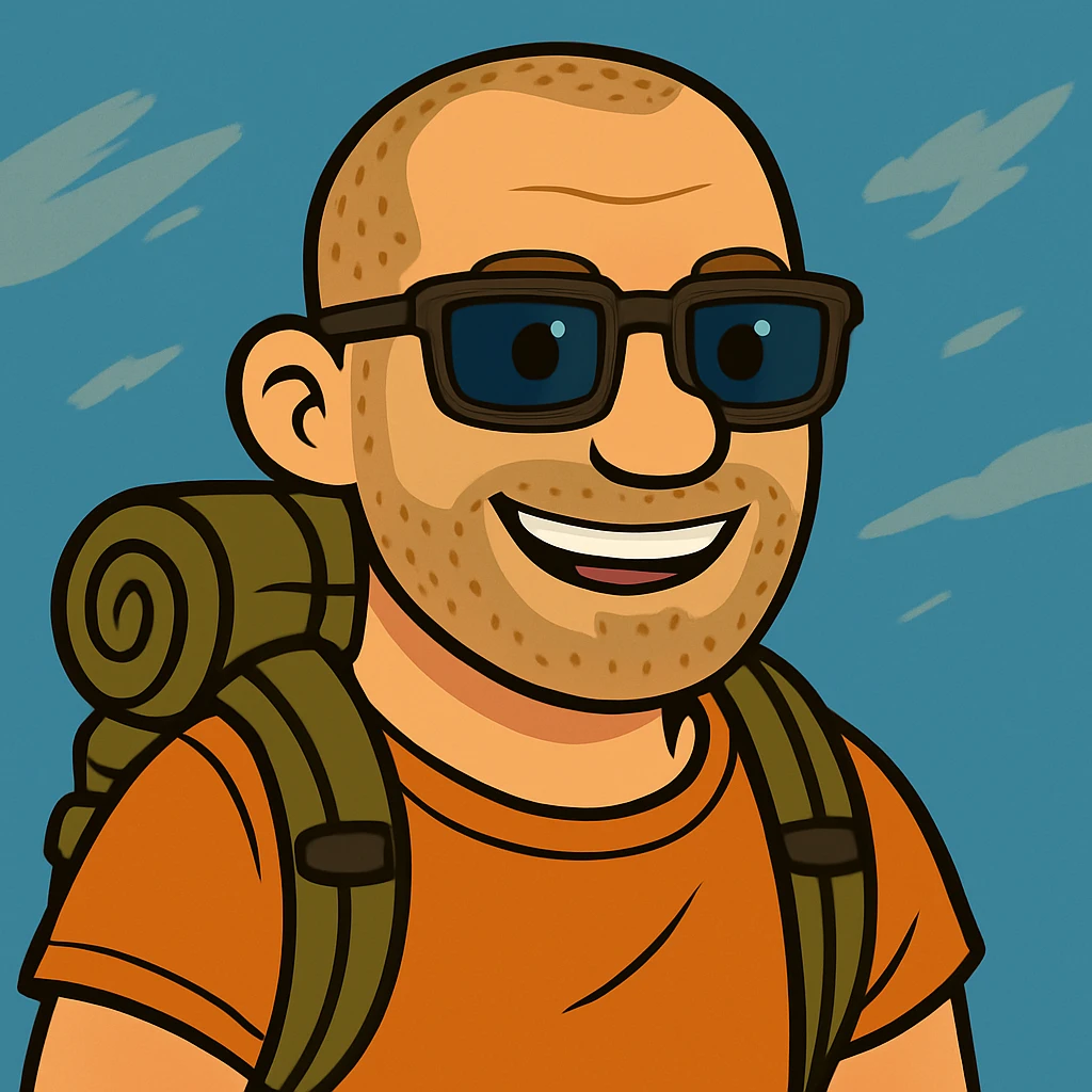 Make the bold man smile, keep the cartoon style, squared dark glasses, blue eyes, traveler vibe. emoji