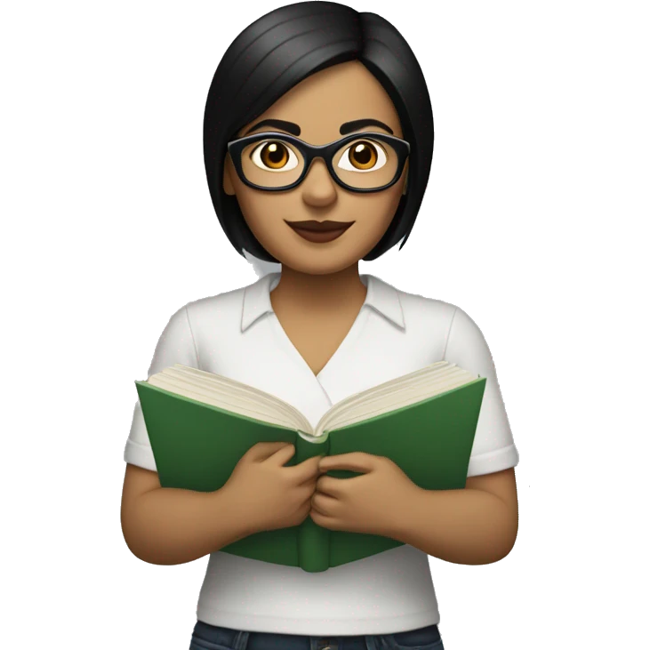 Hispanic woman with short straight black hair  and dark glasses with a book emoji