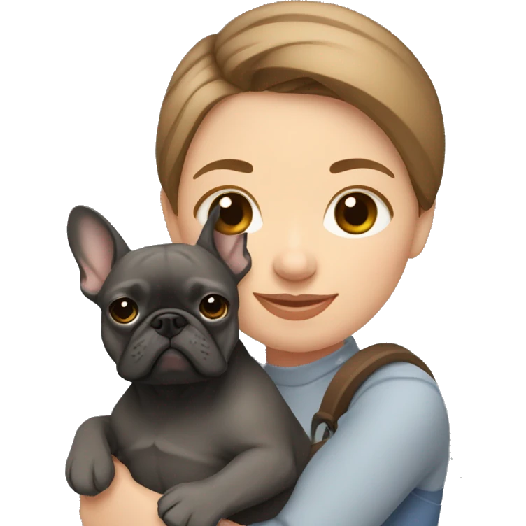 light brown hair woman hugging a dark gray french bulldog emoji