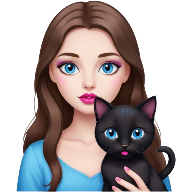 pretty girl long brown hair, blue eyes, makeup with black kitten and pink lips emoji