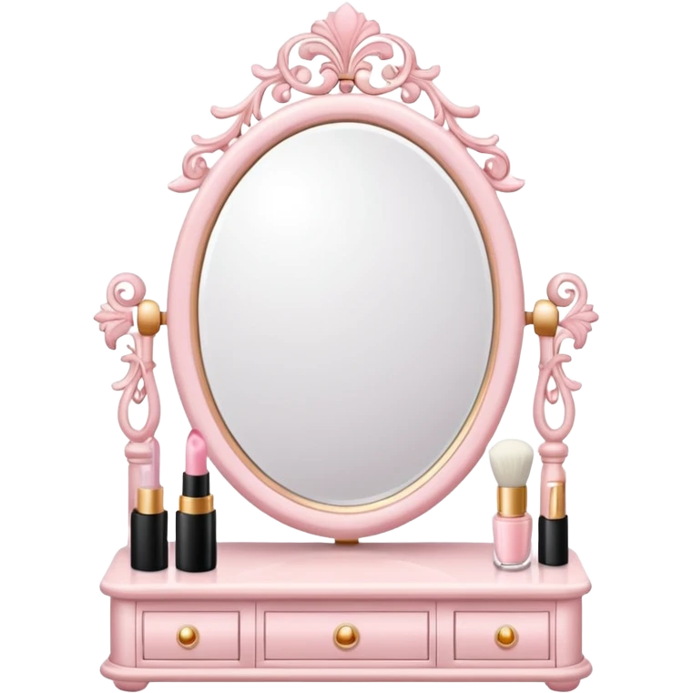 White Makeup vanity with light pink makeup, with a mirror emoji