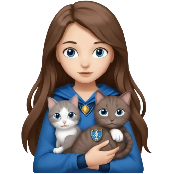 gorgeous Girl with light skin, blue eyes, long brown hair, wears a ravenclaw outfit, with a grey and white cat holding in her arms emoji