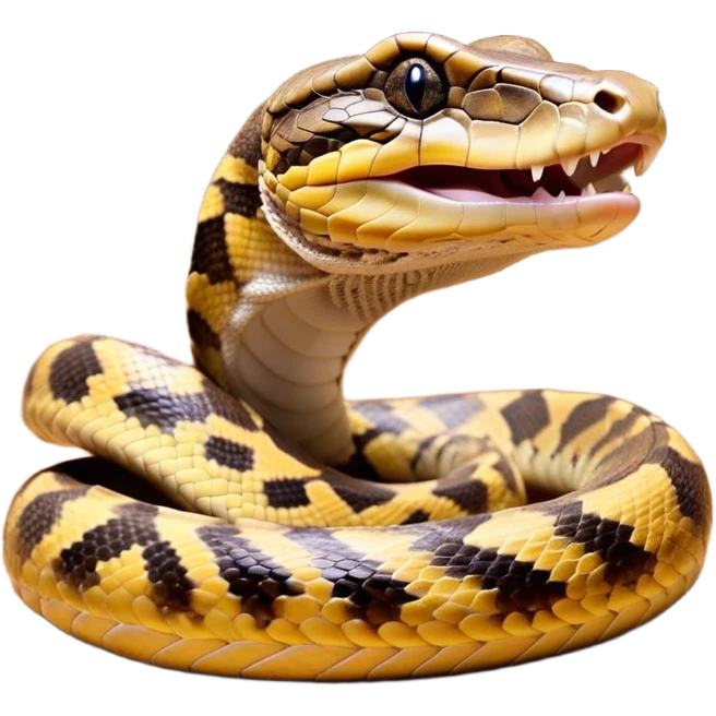 Cinematic Cute Yawning Python Portrait Emoji, Head tilted slightly with a dramatic, wide-open yawn, showcasing a sinuous, scaled form with drowsy, half-closed eyes and an open, relaxed mouth, Simplified yet irresistibly adorable features, highly detailed, glowing with a soft, cozy earthy glow, high shine, relaxed yet expressive, stylized with a dash of whimsical reptilian charm, soft glowing outline, capturing the essence of a drowsy yet affectionate python that appears ready to stretch out for a nap! emoji