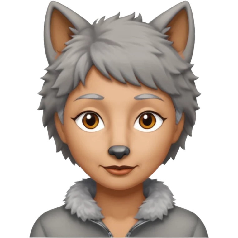 woman 50 years old, short grey fluffy wolf-cut hair, tannes skin and brown eyes emoji