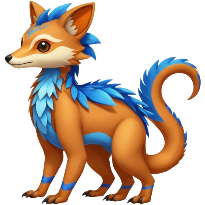 Colorful brown with blue and orange tropical exotic shiny beautiful fantasy-Vernid-Cacomistle-animal-Fakémon-hybrid-fursona (full body) emoji