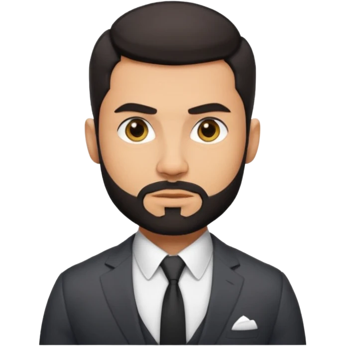 green eyes, dark short hair, muscular shoulders, big lips big nose big eyes, masculine good looking, dark beard wearing a suit . buttons of the shirt open. and olive skin tone  emoji
