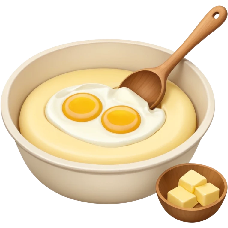 A cream ceramic baking bowl with a wooden spoon in it, next to it is a carton of eggs and butter emoji